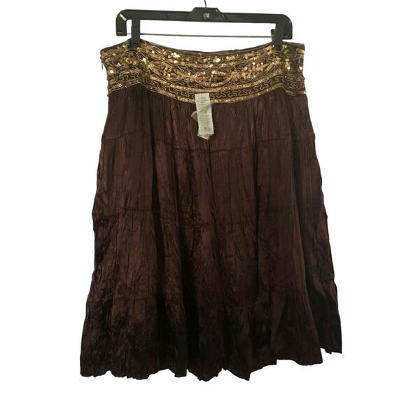 Cache Brown Silk like Boho Hand Sewn Sequins Crinkle Lined Skirt New NWT $138 - Picture 4 of 9